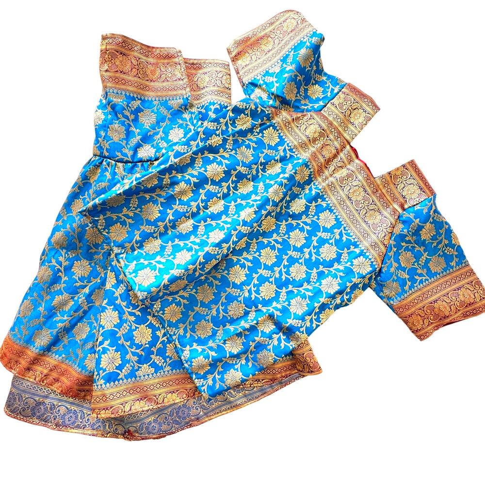 Two Piece Blue and Gold Handmade Vintage Saree Choli Lehenga Blouse with Skirt L